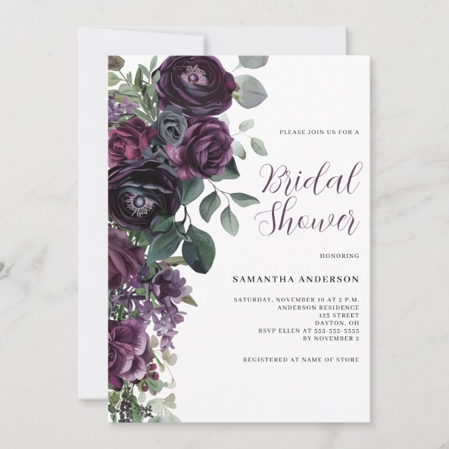 Dark Moody Purple Floral Bridal Shower  Invitation (Front)
