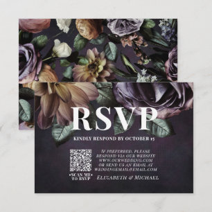 Dark Moody Purple Floral QR Code Wedding RSVP Card