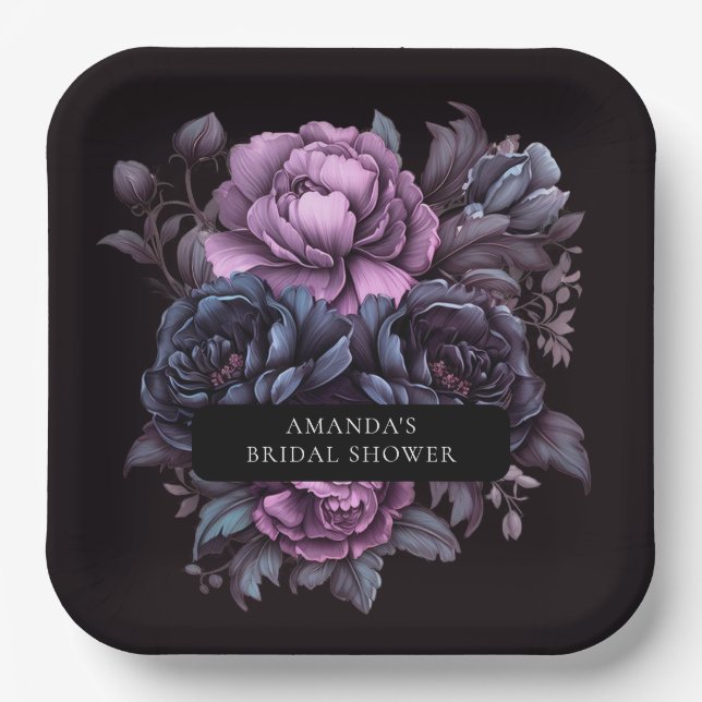 Dark Moody Purple Florals Bridal Shower Paper Plate (Front)