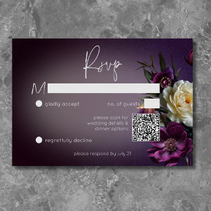 Dark Moody Purple Lavender Floral Modern QR Code RSVP Card