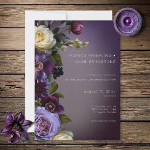 Dark Moody Purple Lavender Floral Modern Wedding Invitation