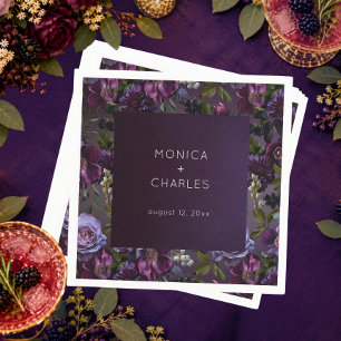 Dark Moody Purple Lavender Floral Modern Wedding Napkin