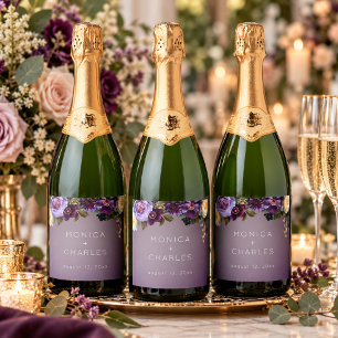 Dark Moody Purple Lavender Floral Modern Wedding Sparkling Wine Label