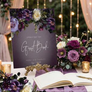 Dark Moody Purple Lavender Floral Wedding Guest Pedestal Sign