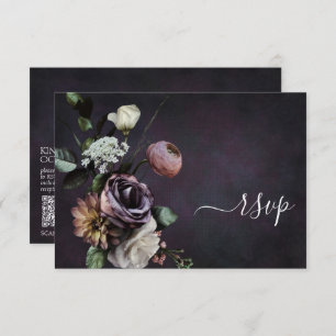 Dark Moody Purple Script Floral QR Code RSVP Card