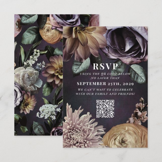 Dark Moody Purple Wedding QR Code Please Reply RSVP Card (Front/Back)