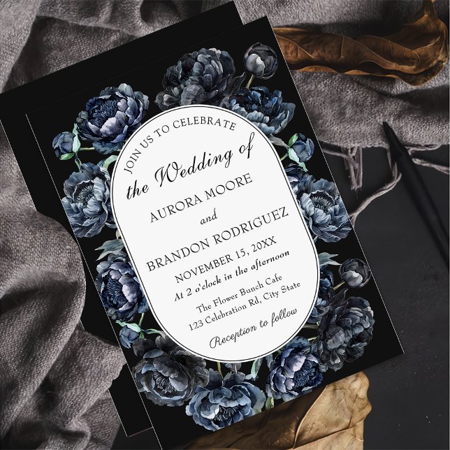 Dark Moody Romantic Blue Floral Wedding Invitation (Creator Uploaded)