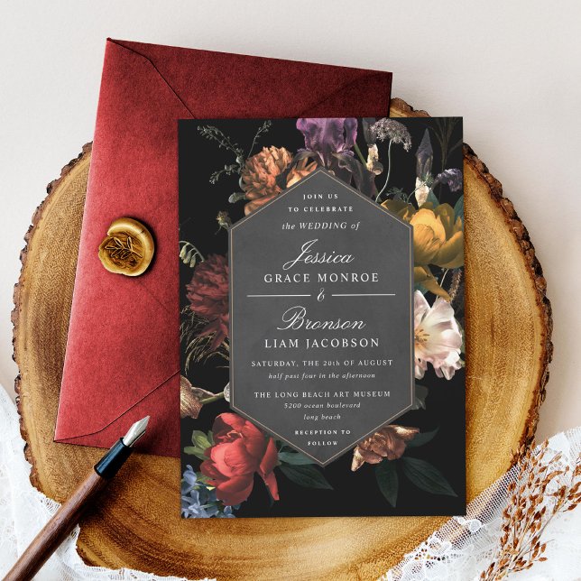 Dark Moody Romantic Floral Dutch Painterly Wedding Invitation (Creator Uploaded)