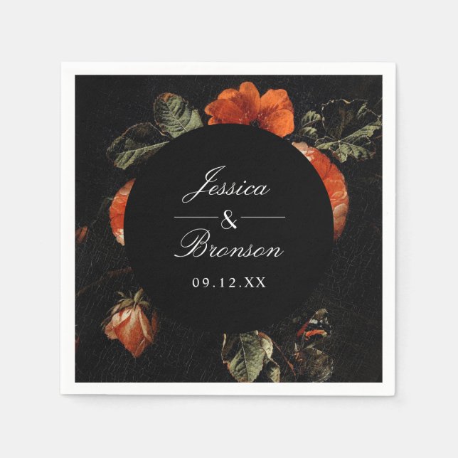 Dark Moody Romantic Floral Dutch Painterly Wedding Napkin (Front)