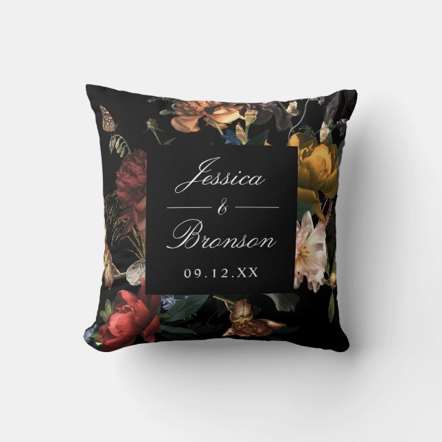 Dark Moody Romantic Floral Dutch Painterly Wedding Throw Pillow (Front)