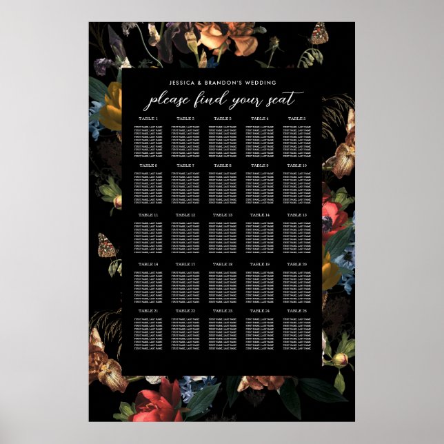Dark Moody Romantic Floral Dutch Wedding Seating Poster (Front)