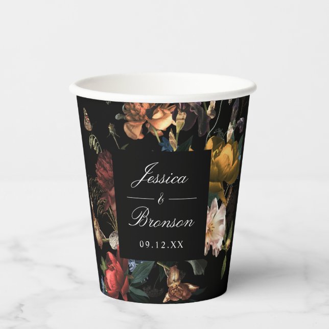 Dark Moody Romantic Floral Dutch Wedding Shower Paper Cups (Front)