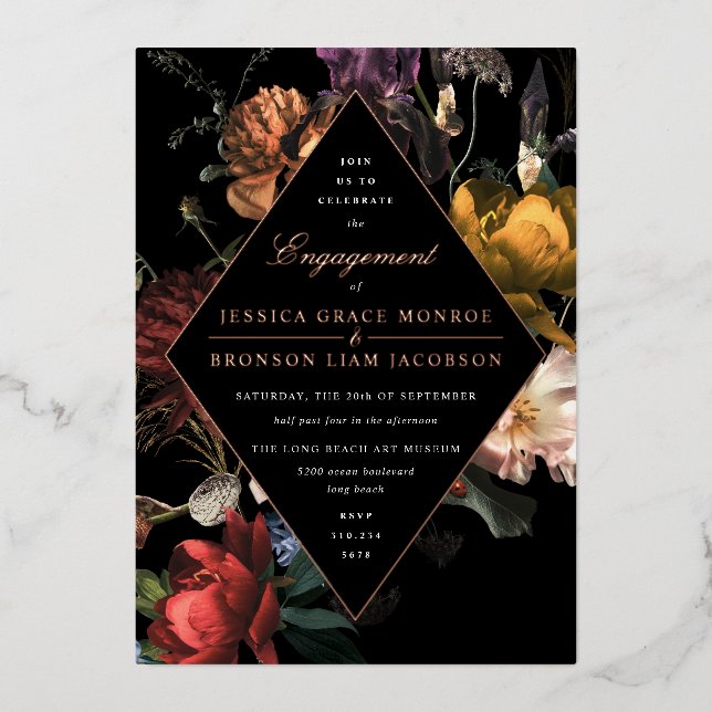 Dark Moody Romantic Floral Engagement Party (Front)