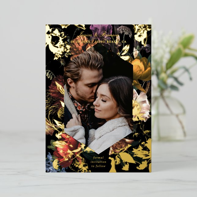 Dark Moody Romantic Floral Photo Save the Date (Standing Front)