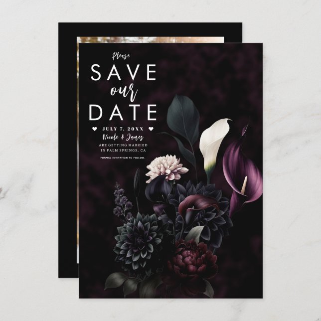 Dark Moody Romantic Floral Wedding Save the Date Invitation (Front/Back)