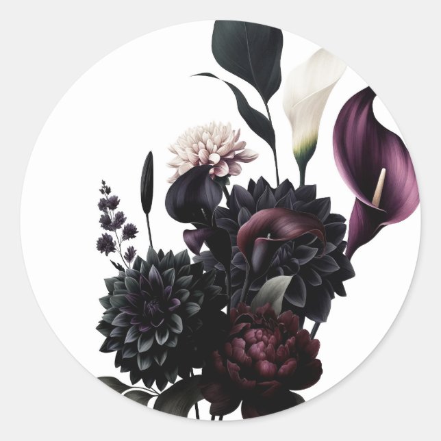 Dark Moody Romantic Floral White Wedding Classic Round Sticker (Front)