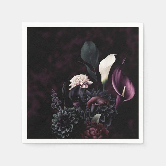 Dark Moody Romantic Floral White Wedding Napkin (Front)