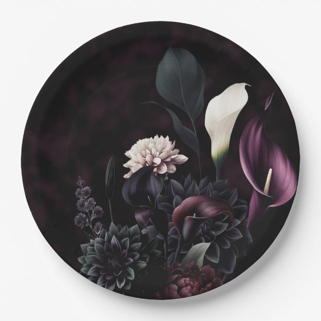 Dark Moody Romantic Floral White Wedding Paper Plate (Front)