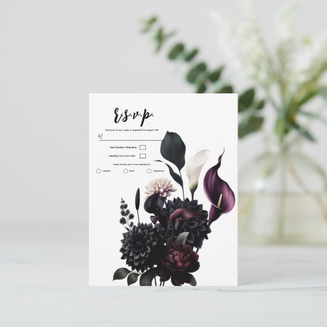 Dark Moody Romantic Floral White Wedding RSVP Invitation (Standing Front)