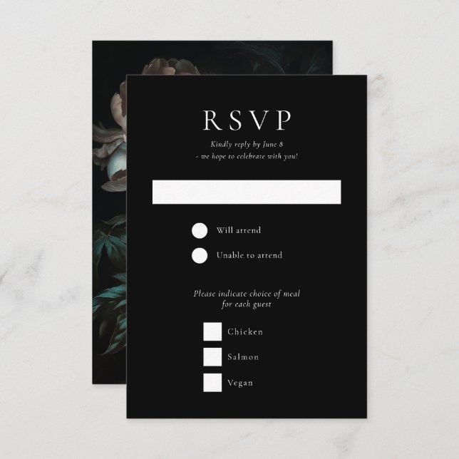 Dark Moody Romantic Peony Flowers Wedding RSVP Card (Front/Back)