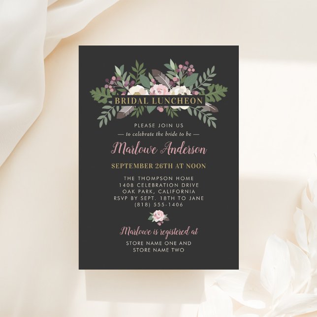 Dark Moody Rose Pink Floral Boho Bridal Luncheon Invitation (Creator Uploaded)