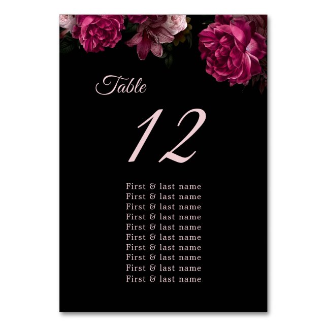  Dark Moody Roses Floral Wedding Seating Chart Table Number (Front)