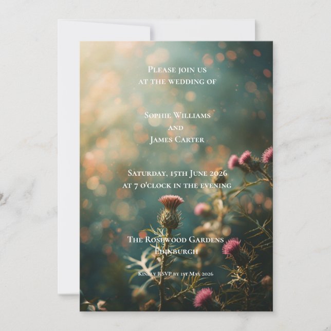 Dark Moody Thistle Wedding Invitation | Scotland (Front)