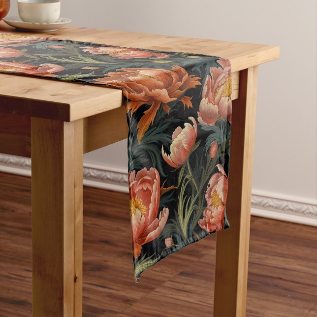 Dark & Moody Vibrant Orange Peony Flowers Long Table Runner (In Situ)