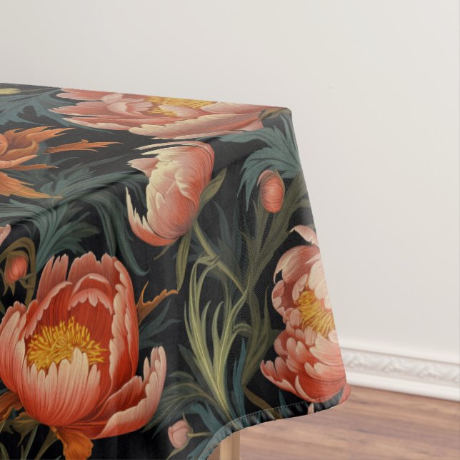 Dark & Moody Vibrant Orange Peony Flowers Tablecloth (In Situ)
