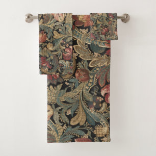 Dark Moody Vintage Floral Botanical Pattern Bath Towel Set