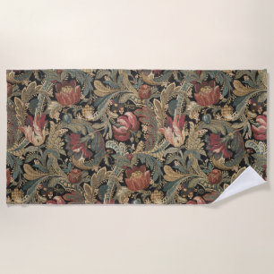 Dark Moody Vintage Floral Botanical Pattern Beach Towel