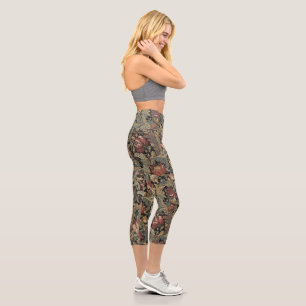Dark Moody Vintage Floral Botanical Pattern Capri Leggings
