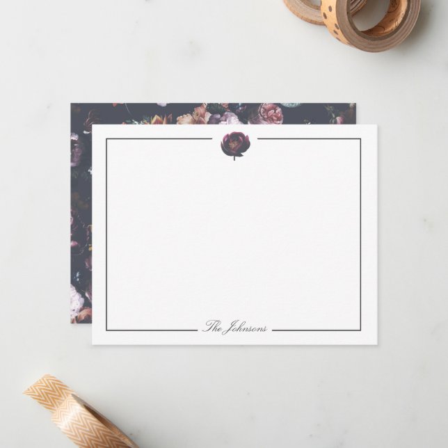 Dark Moody Vintage Floral Personalized Stationery Card (Front/Back In Situ)
