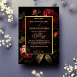 Dark moody vintage roses all in one wedding invitation<br><div class="desc">Dark moody brown elegant vintage crimson red roses  flowers all in one wedding editable template invitation instant digital download,  vintage peony roses on dark black  background  wedding invitation with wedding details and RSVP QR code at the back</div>