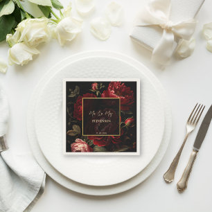 Dark moody vintage roses monogram printed napkin