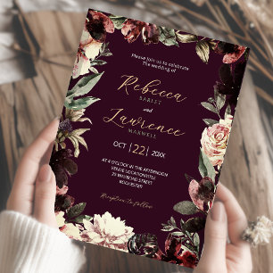 Dark moody watercolor floral wedding invitation