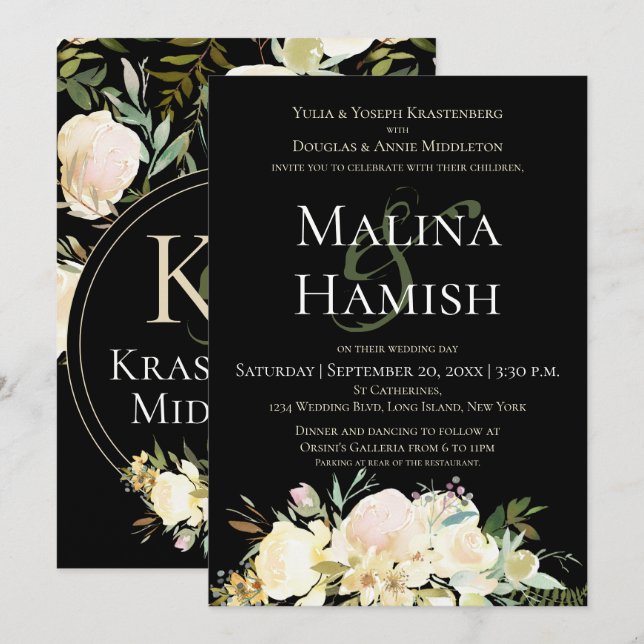 Dark & Moody Wedding Custom Monogram Cream Rose Invitation (Front/Back)