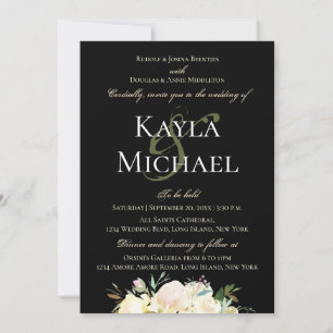 Dark Moody Wedding Monogram White Rose Invitation