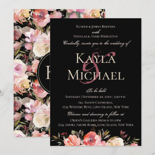 Dark Moody Wedding Monogram Winter Rose Invitation