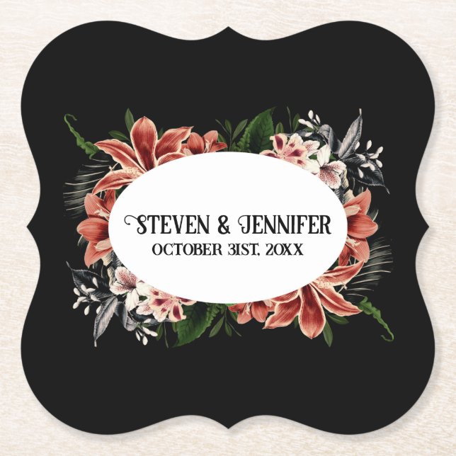 Dark & Moody Wedding Personalized Names Paper Coaster (Front)