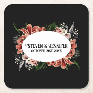 Dark & Moody Wedding Personalized Names Square Paper Coaster