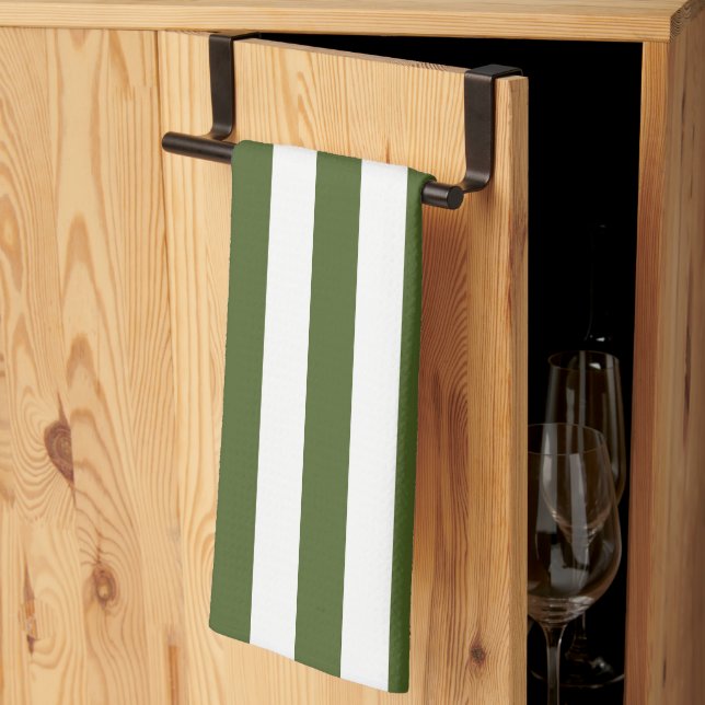 Dark Moss Green and White Stripes Kitchen Towel (Thirds Fold)