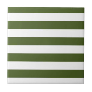 Dark Moss Green and White Stripes Tile