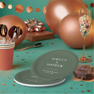 Dark Moss Green Minimalist Scandi Wedding Paper Plate