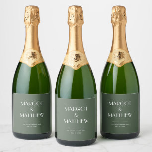 Dark Moss Green Minimalist Scandi Wedding Sparkling Wine Label