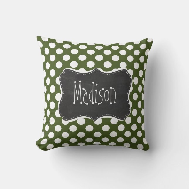 Dark Moss Green Polka Dots Throw Pillow (Front)