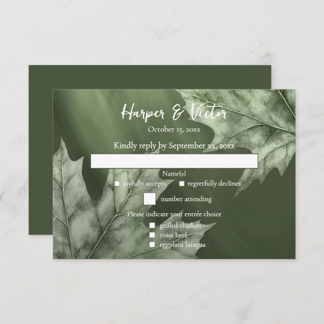 dark moss green with maple leaves accent QR code RSVP Card (Front/Back)