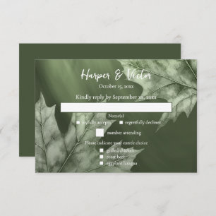 dark moss green with maple leaves accent QR code RSVP Card