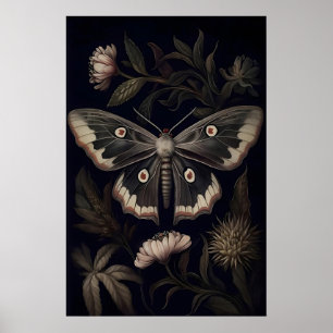 Dark Moth Botanical Print, Goblincore Butterfly Poster