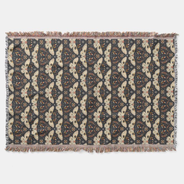 Dark Moth Witchy Boho Botanical Pattern Throw Blanket (Front)